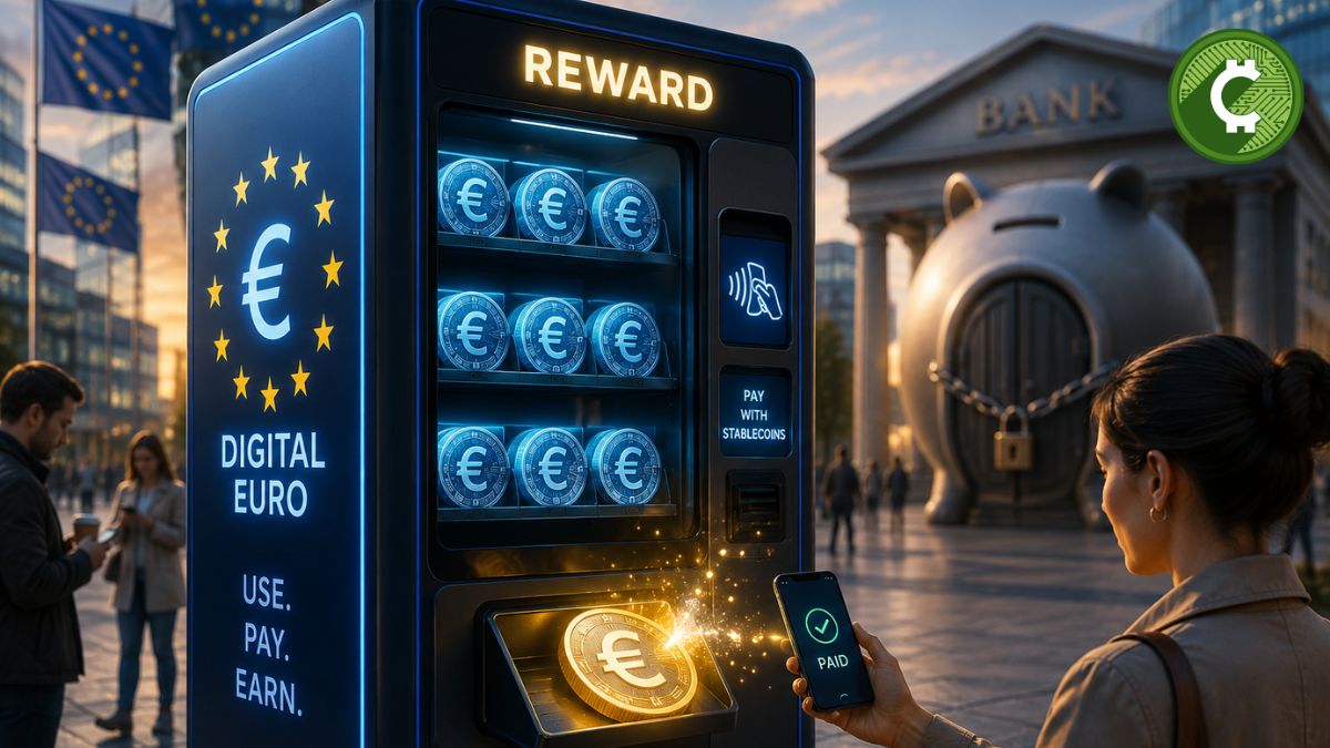 Máquina expendedora futurista de euros digitales que representa la posible autorización de recompensas por usar stablecoins bajo la regulación MiCA en Europa.