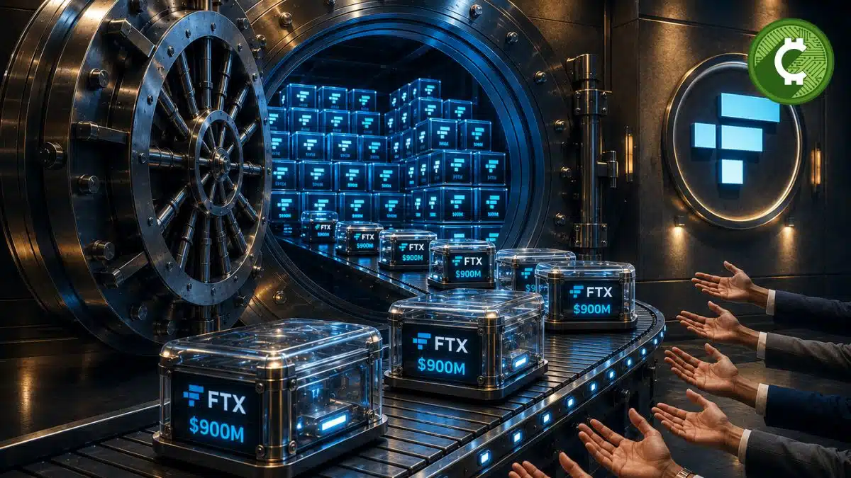 Bóveda futurista con activos digitales de FTX siendo distribuidos a acreedores durante la quinta ronda de pagos por aproximadamente 900 millones de dólares.