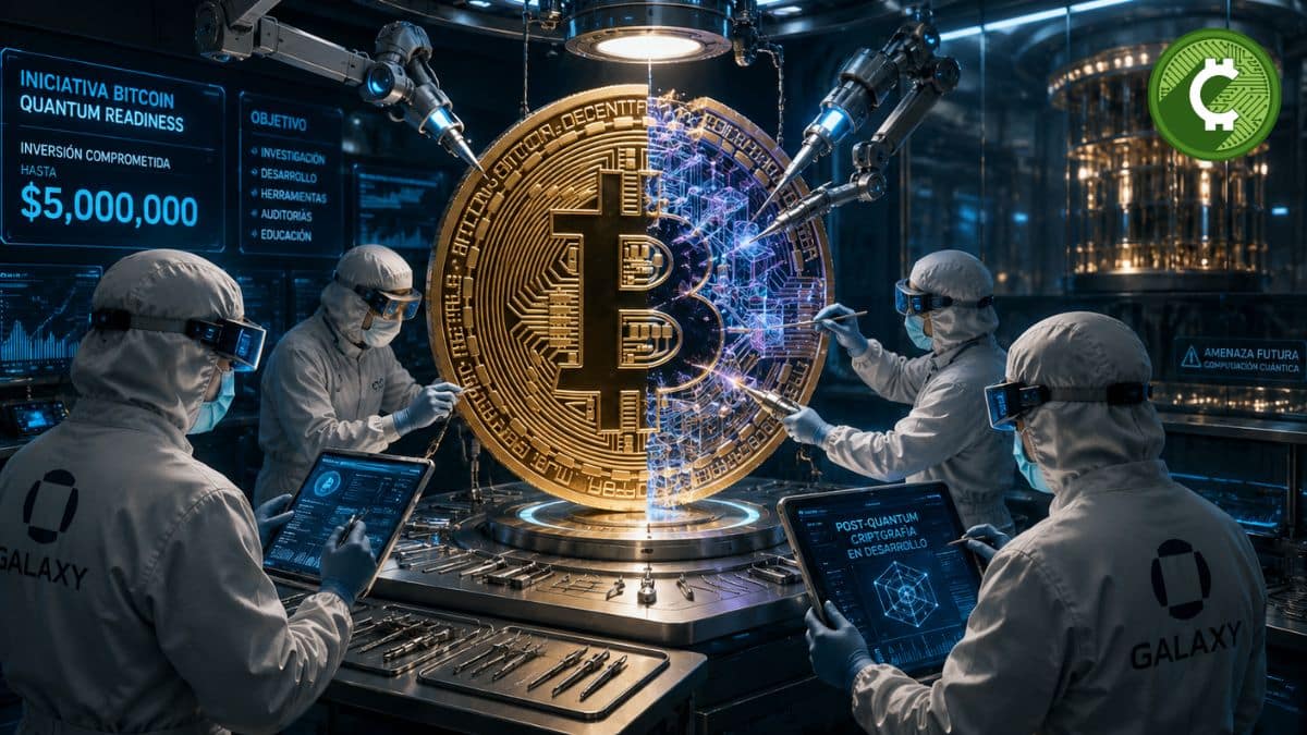 Ingenieros de Galaxy trabajan en un laboratorio futurista para desarrollar tecnologías de criptografía post-cuántica que fortalezcan la seguridad de Bitcoin frente a futuras amenazas de la computación cuántica.