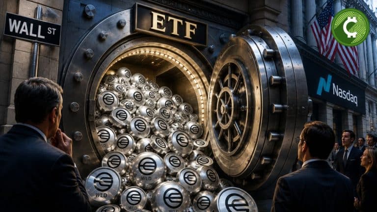 Bóveda de Wall Street llena de esferas Orb y tokens WLD que simbolizan la solicitud del primer ETF de Worldcoin presentada por Grayscale ante la SEC.