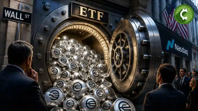 Bóveda de Wall Street llena de esferas Orb y tokens WLD que simbolizan la solicitud del primer ETF de Worldcoin presentada por Grayscale ante la SEC.
