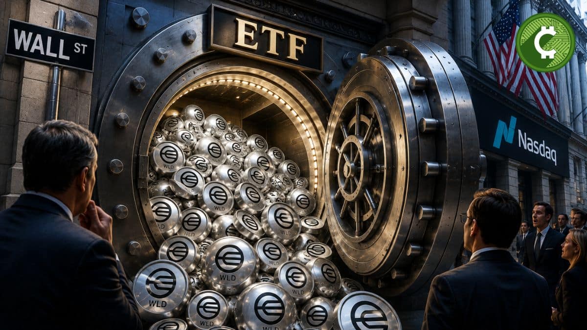 Bóveda de Wall Street llena de esferas Orb y tokens WLD que simbolizan la solicitud del primer ETF de Worldcoin presentada por Grayscale ante la SEC.