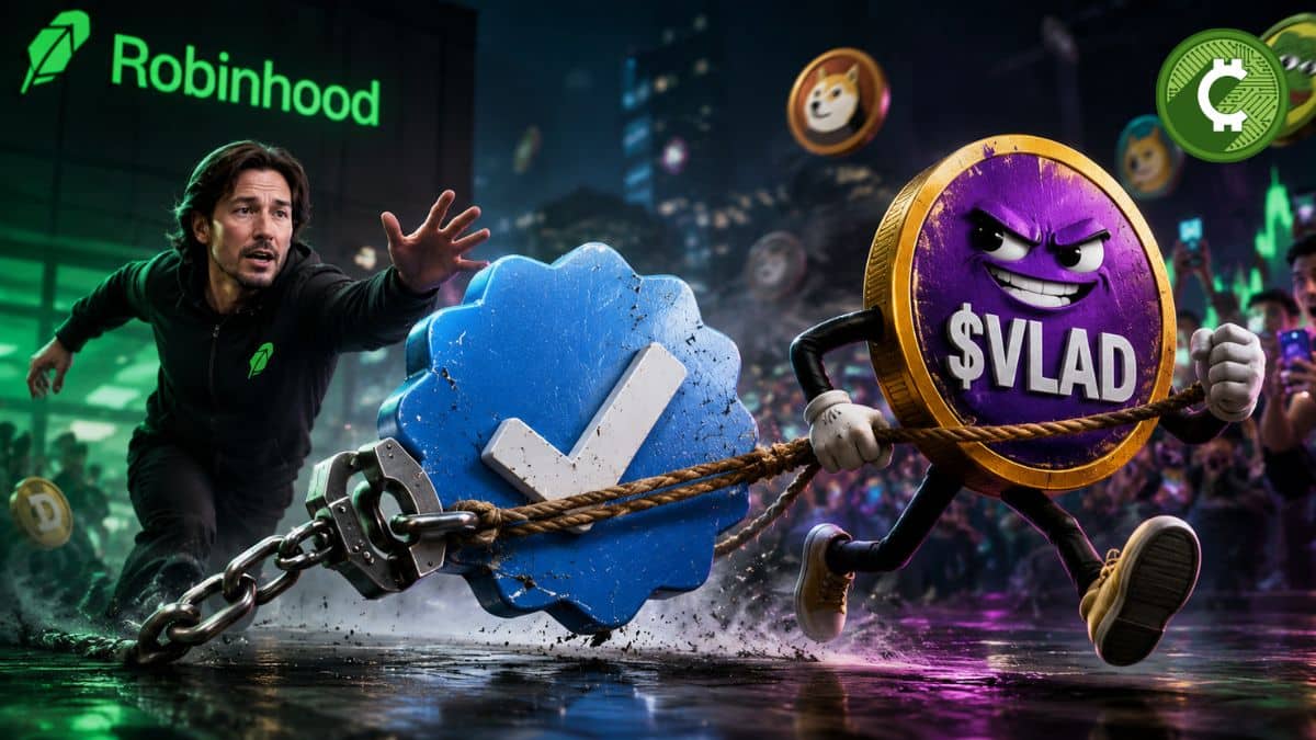 Hackeo de la cuenta del CEO de Robinhood en X para promocionar el falso memecoin VLAD mientras la verificación de la red social aparece secuestrada en una ilustración conceptual.