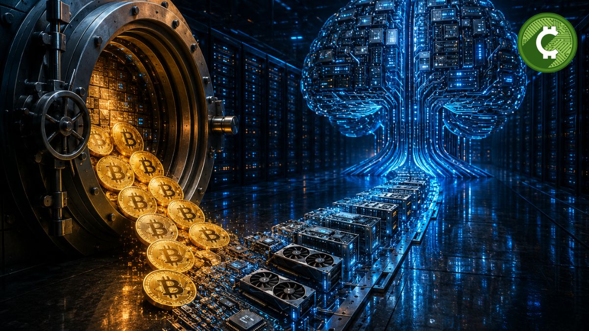 Bóveda abierta con monedas de Bitcoin que se transforman en servidores y un cerebro de inteligencia artificial dentro de un centro de datos futurista, representando la estrategia de Hyperscale Data para financiar su campus de IA en Michigan.
