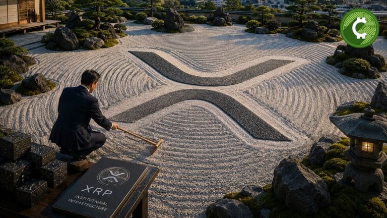 Jardín zen japonés con el símbolo de XRP formado en la arena mientras un ejecutivo lo rastrilla, representando la adopción institucional de XRP en Japón impulsada por SBI Digital Finance y Doppler Finance.
