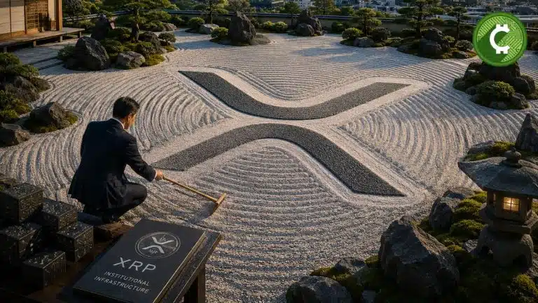 Jardín zen japonés con el símbolo de XRP formado en la arena mientras un ejecutivo lo rastrilla, representando la adopción institucional de XRP en Japón impulsada por SBI Digital Finance y Doppler Finance.