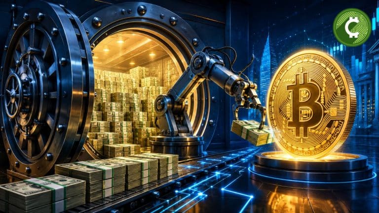 Ilustración de una bóveda repleta de dólares con un brazo robótico trasladando efectivo hacia una moneda gigante de Bitcoin, representando las mayores reservas de Strategy y la perspectiva positiva de JPMorgan para Bitcoin.
