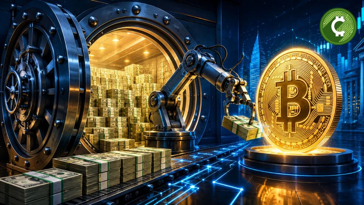 Ilustración de una bóveda repleta de dólares con un brazo robótico trasladando efectivo hacia una moneda gigante de Bitcoin, representando las mayores reservas de Strategy y la perspectiva positiva de JPMorgan para Bitcoin.