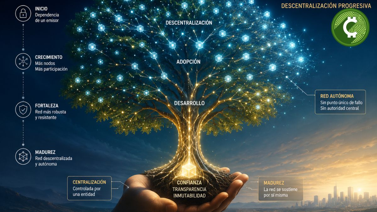 Ilustración conceptual de una Mature Blockchain donde una red blockchain evoluciona desde una estructura centralizada hasta convertirse en una red completamente descentralizada, según el concepto definido por el CLARITY Act.