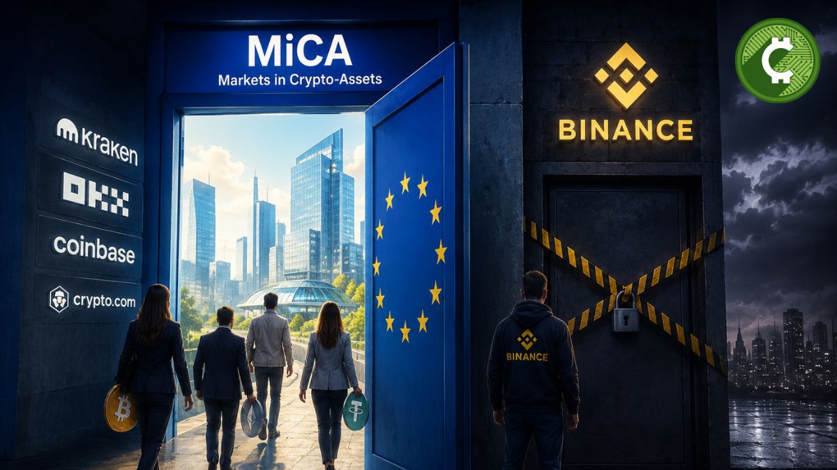 Ilustración editorial sobre la entrada en vigor de MiCA en Europa con exchanges autorizados y Binance fuera del nuevo marco regulatorio.