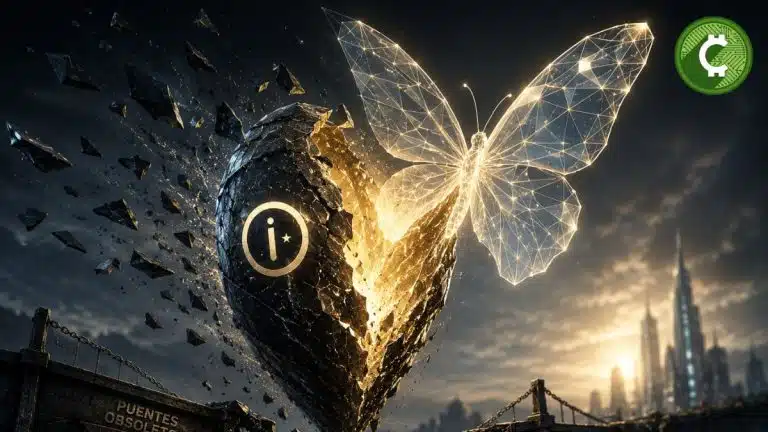 Ilustración conceptual de una crisálida con el símbolo de Midnight (NIGHT) transformándose en una mariposa geométrica luminosa sobre un puente destruido, representando la recuperación del token tras el hack de Wanchain y la transición hacia la seguridad basada en Zero-Knowledge.