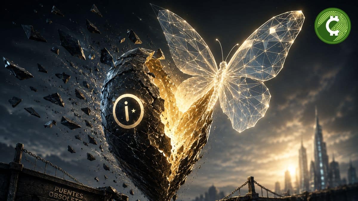Ilustración conceptual de una crisálida con el símbolo de Midnight (NIGHT) transformándose en una mariposa geométrica luminosa sobre un puente destruido, representando la recuperación del token tras el hack de Wanchain y la transición hacia la seguridad basada en Zero-Knowledge.