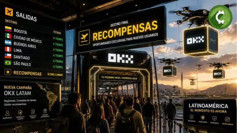 Aeropuerto futurista que simboliza la campaña de OKX para Latinoamérica con recompensas para nuevos usuarios de criptomonedas.