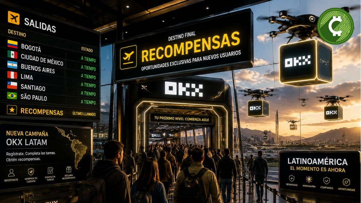 Aeropuerto futurista que simboliza la campaña de OKX para Latinoamérica con recompensas para nuevos usuarios de criptomonedas.