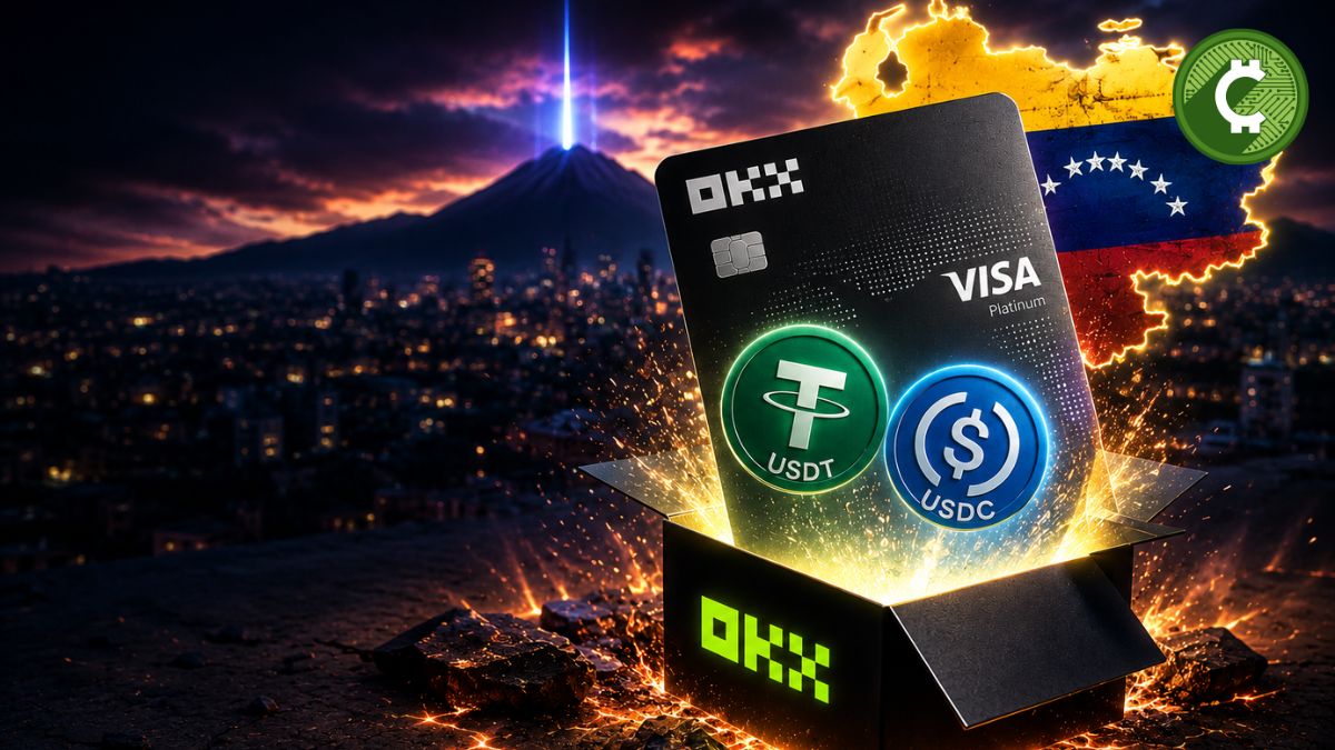 Tarjeta Visa Platinum de OKX para usuarios en Venezuela junto a USDT y USDC, en una ilustración sobre la nueva campaña de 15 USDT.