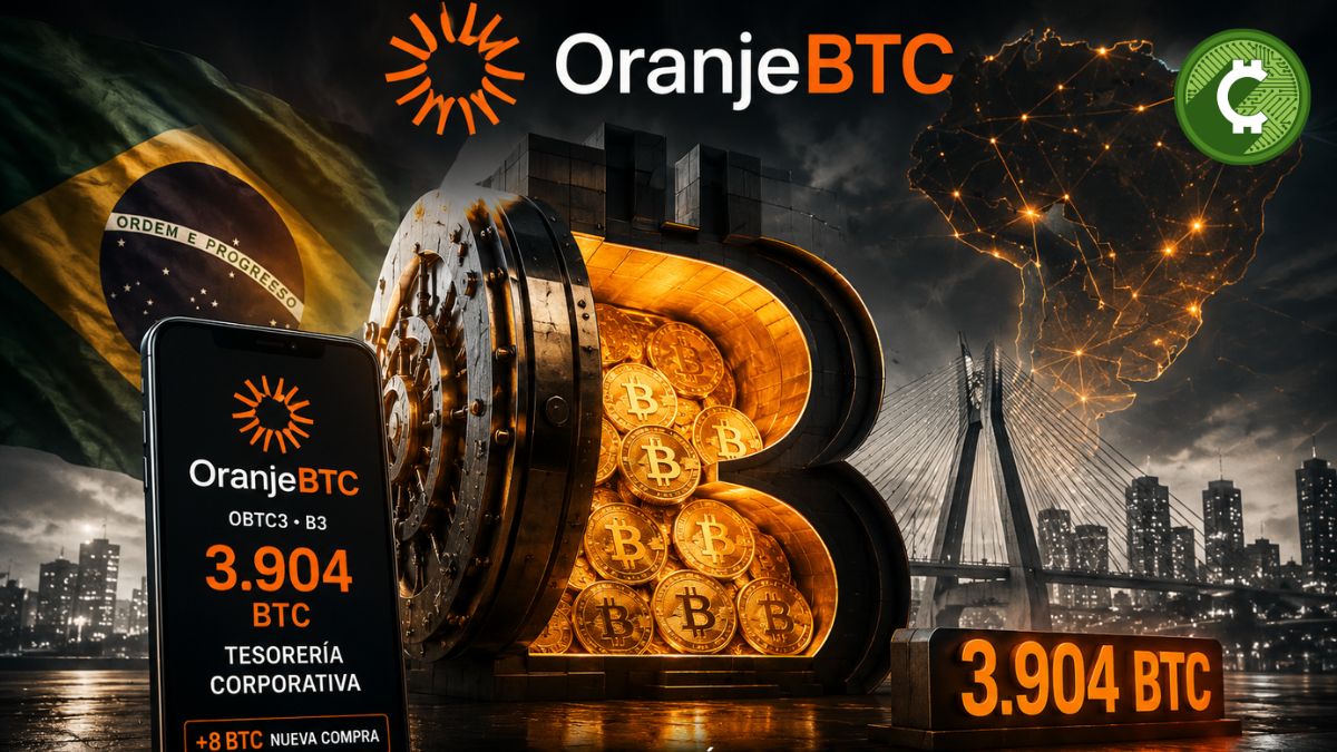 Ilustración de OranjeBTC tras comprar 8 Bitcoin y aumentar su tesorería corporativa hasta 3.904 BTC, consolidándose como la mayor reserva empresarial de Bitcoin en Latinoamérica.