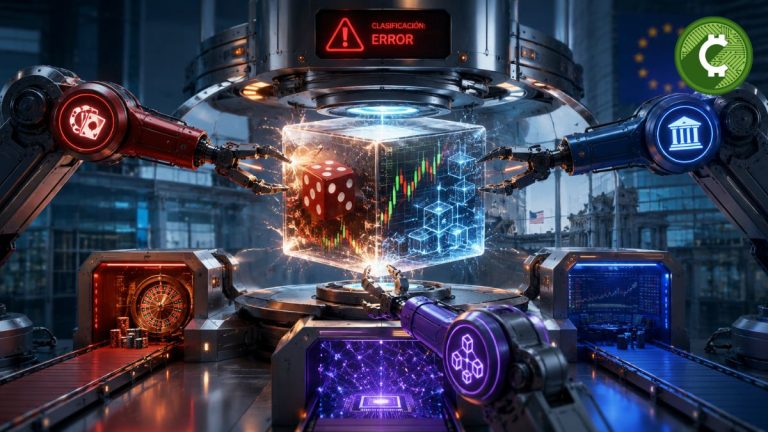 Ilustración de una máquina futurista intentando clasificar un mercado de predicción entre apuestas, productos financieros y tecnología blockchain, representando el debate regulatorio sobre Polymarket y Kalshi en Europa.