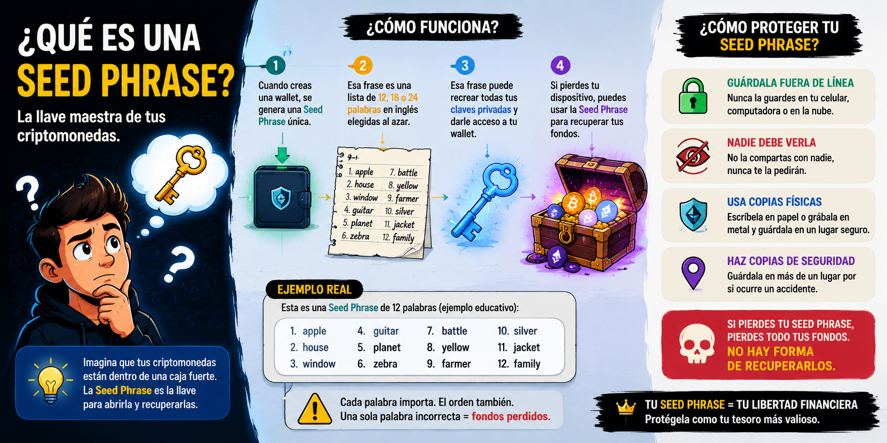 Infografía en español que explica qué es una Seed Phrase, cómo funciona una frase de recuperación y por qué protege el acceso a una wallet de criptomonedas.