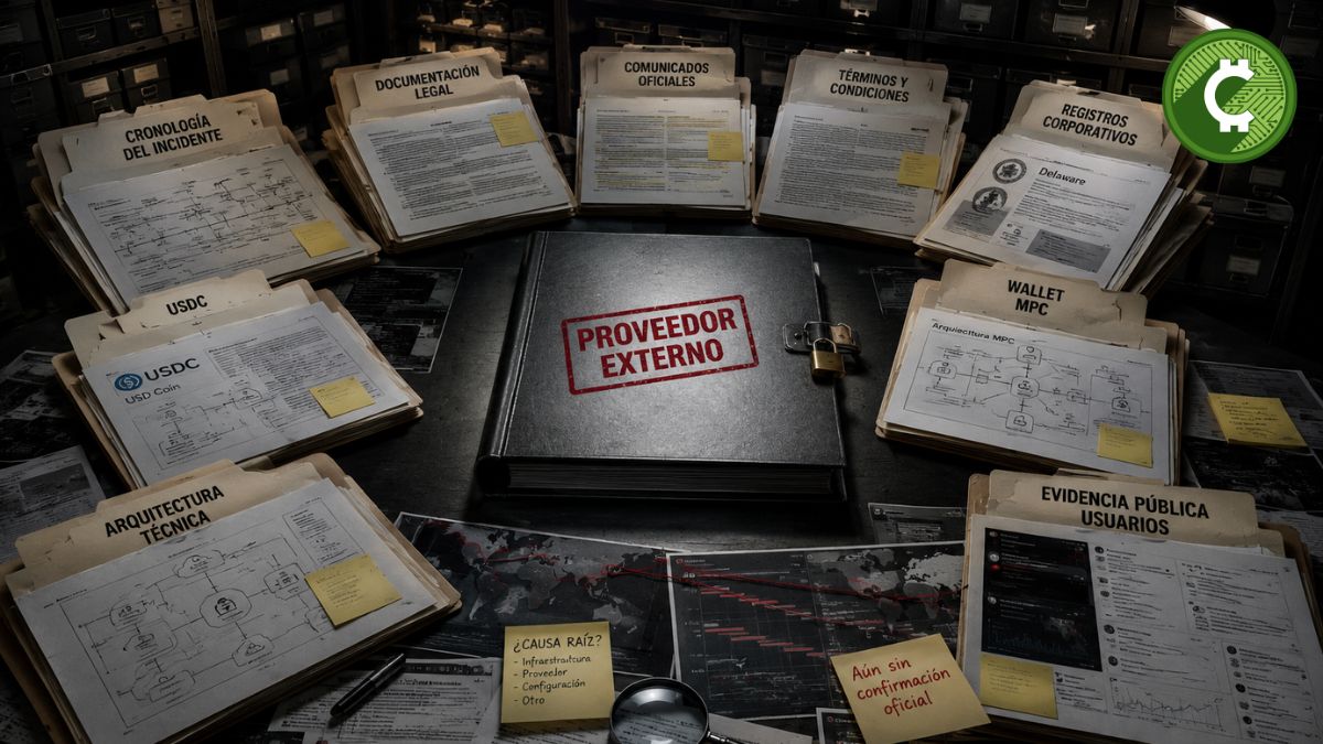 Archivo de investigación con documentos técnicos y legales sobre el incidente de Kontigo, mostrando un expediente sellado que representa al proveedor externo mencionado por la empresa.