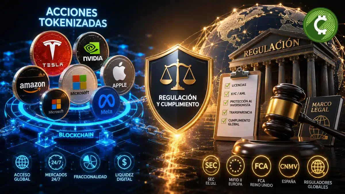 Ilustración conceptual que representa la regulación de las acciones tokenizadas mediante blockchain, con símbolos de cumplimiento normativo, protección al inversionista y activos digitales de empresas como Tesla, Apple, Nvidia, Amazon y Microsoft.