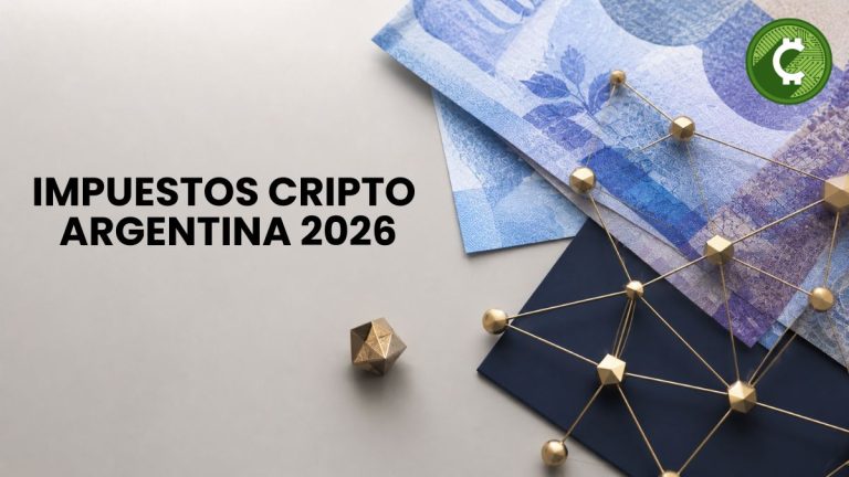 Composición editorial que representa la regulación fiscal de las criptomonedas en Argentina mediante una red blockchain abstracta y elementos inspirados en el peso argentino.