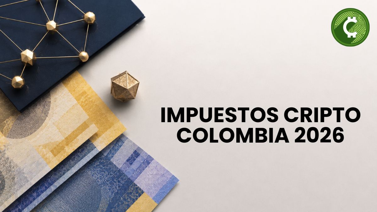 Composición editorial que representa la regulación fiscal de las criptomonedas en Colombia mediante una red blockchain abstracta y elementos inspirados en el peso colombiano.