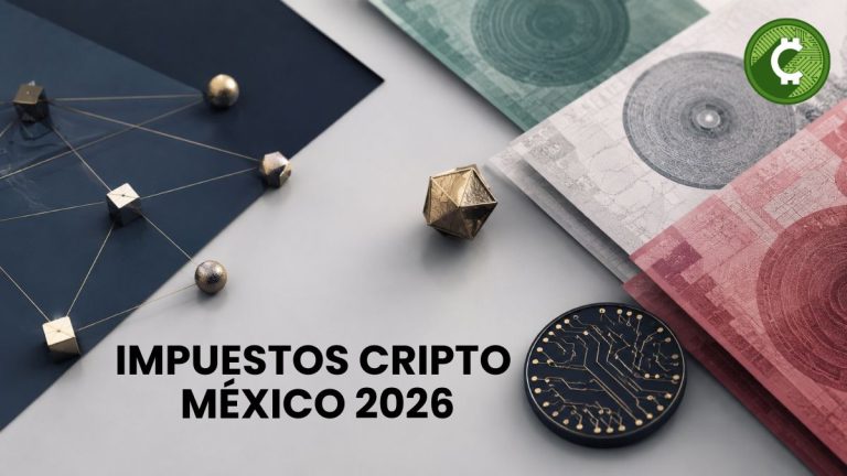 Composición editorial que representa la regulación fiscal de las criptomonedas en México mediante una red blockchain abstracta y elementos inspirados en el peso mexicano.