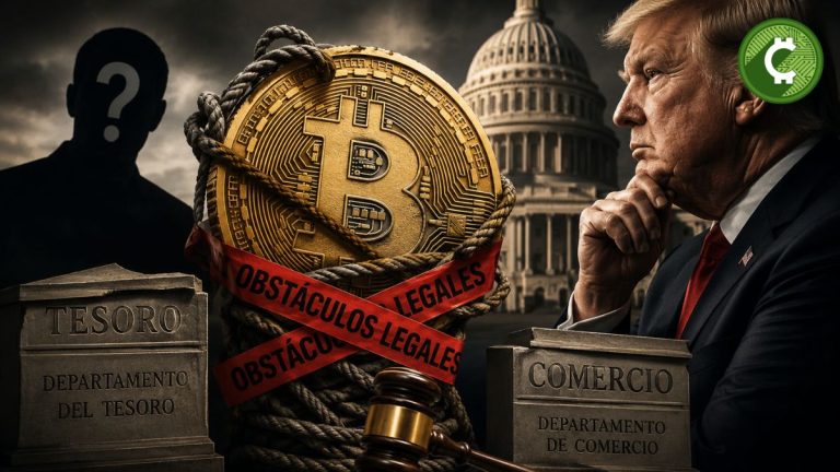 Ilustración editorial de Donald Trump observando una moneda de Bitcoin retenida por obstáculos legales mientras Estados Unidos define qué agencia administrará la reserva estratégica de Bitcoin.
