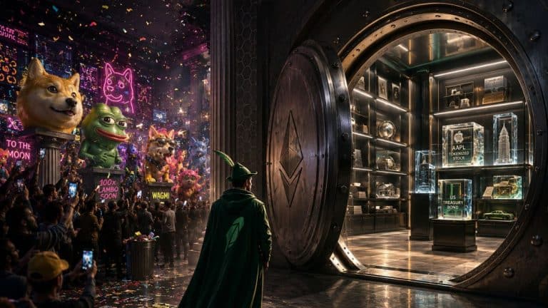 Ilustración editorial de Robinhood Chain mostrando el contraste entre el auge de las memecoins y la apuesta por activos tokenizados (RWA) tras superar los 430 millones de dólares en TVL.