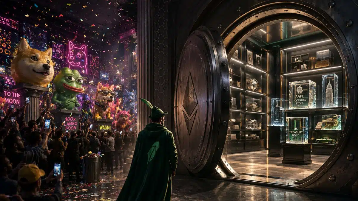 Ilustración editorial de Robinhood Chain mostrando el contraste entre el auge de las memecoins y la apuesta por activos tokenizados (RWA) tras superar los 430 millones de dólares en TVL.