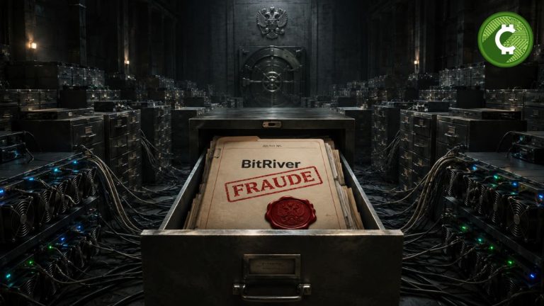 Ilustración editorial de un expediente judicial sellado de BitRiver dentro de una bóveda rodeada por equipos de minería de Bitcoin, representando la prisión preventiva del fundador de la empresa en Rusia.