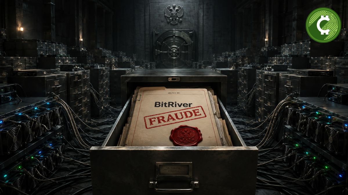 Ilustración editorial de un expediente judicial sellado de BitRiver dentro de una bóveda rodeada por equipos de minería de Bitcoin, representando la prisión preventiva del fundador de la empresa en Rusia.