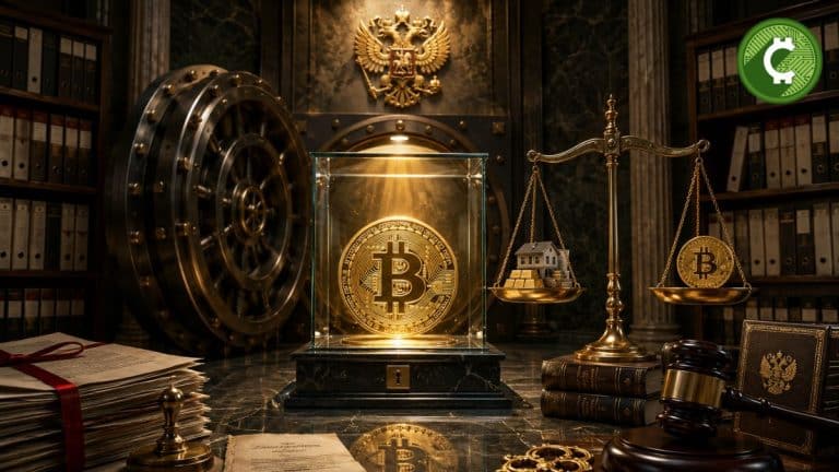 Bitcoin protegido como propiedad legal dentro de una bóveda judicial tras la aprobación de la nueva ley de criptomonedas en Rusia.