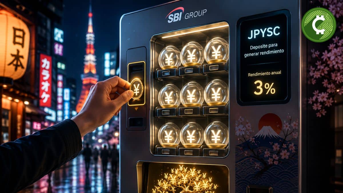 Máquina expendedora futurista en Japón que simboliza el servicio de préstamos de la stablecoin JPYSC de SBI Group con un rendimiento anual del 3%.