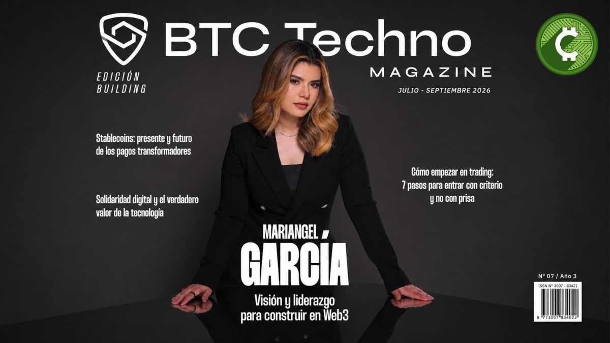 Portada de la séptima edición de BTC Techno Magazine correspondiente a julio-septiembre de 2026, con Mariangel García en la portada y contenidos sobre Web3, stablecoins, pagos digitales y trading.