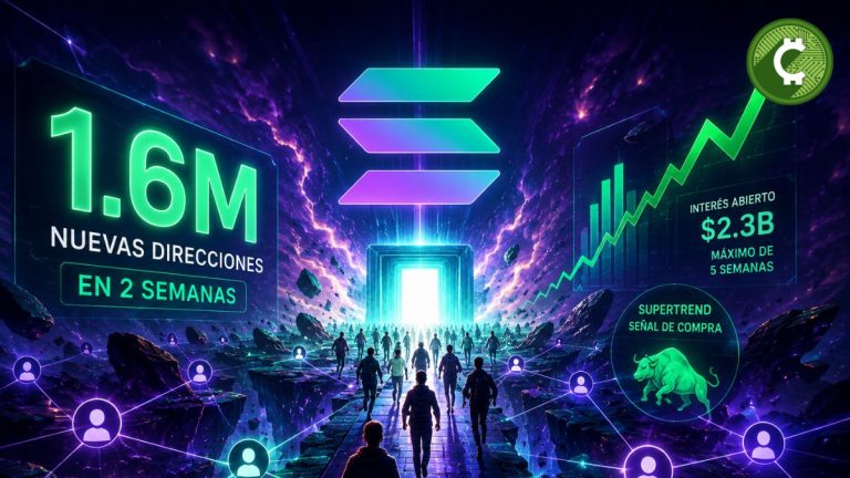 Ilustración de Solana mostrando el crecimiento de 1,6 millones de nuevas direcciones en dos semanas y el fortalecimiento de la actividad de la red blockchain.