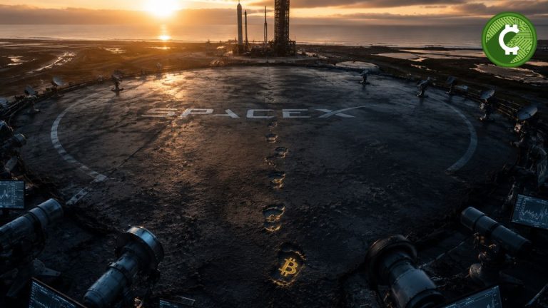 Huella con el símbolo de Bitcoin sobre una plataforma de lanzamiento que representa los movimientos internos de las billeteras de SpaceX sin indicios de venta de BTC.