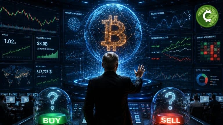 Ilustración de Strategy analizando cuándo comprar y vender Bitcoin mediante un sistema de decisión mientras CryptoQuant pide una estrategia más disciplinada.