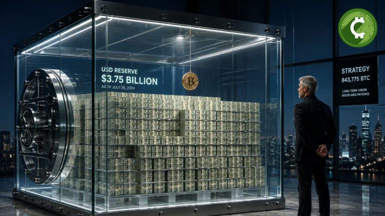 Cámara acorazada transparente con millones de dólares en efectivo que representa la reserva de 3.750 millones de dólares de Strategy mientras mantiene 843.775 Bitcoin.