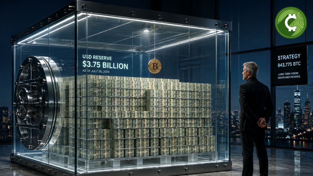 Cámara acorazada transparente con millones de dólares en efectivo que representa la reserva de 3.750 millones de dólares de Strategy mientras mantiene 843.775 Bitcoin.