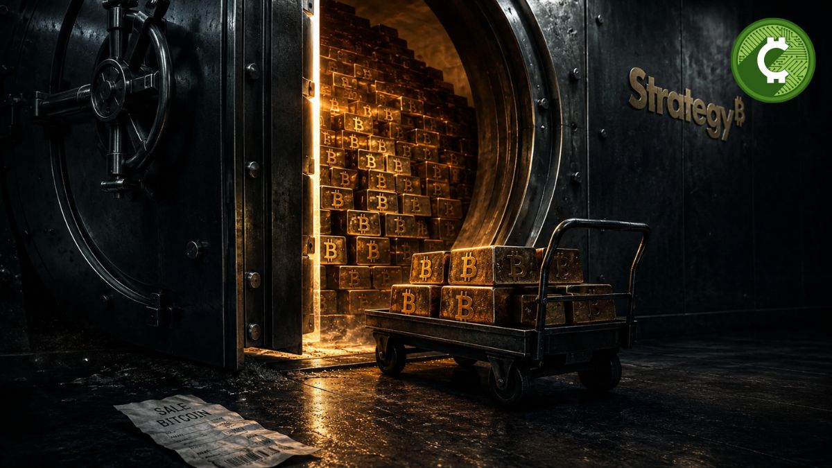 Bóveda abierta con bloques de Bitcoin simbolizando la venta de 3.588 BTC realizada por Strategy para reforzar su liquidez financiera.