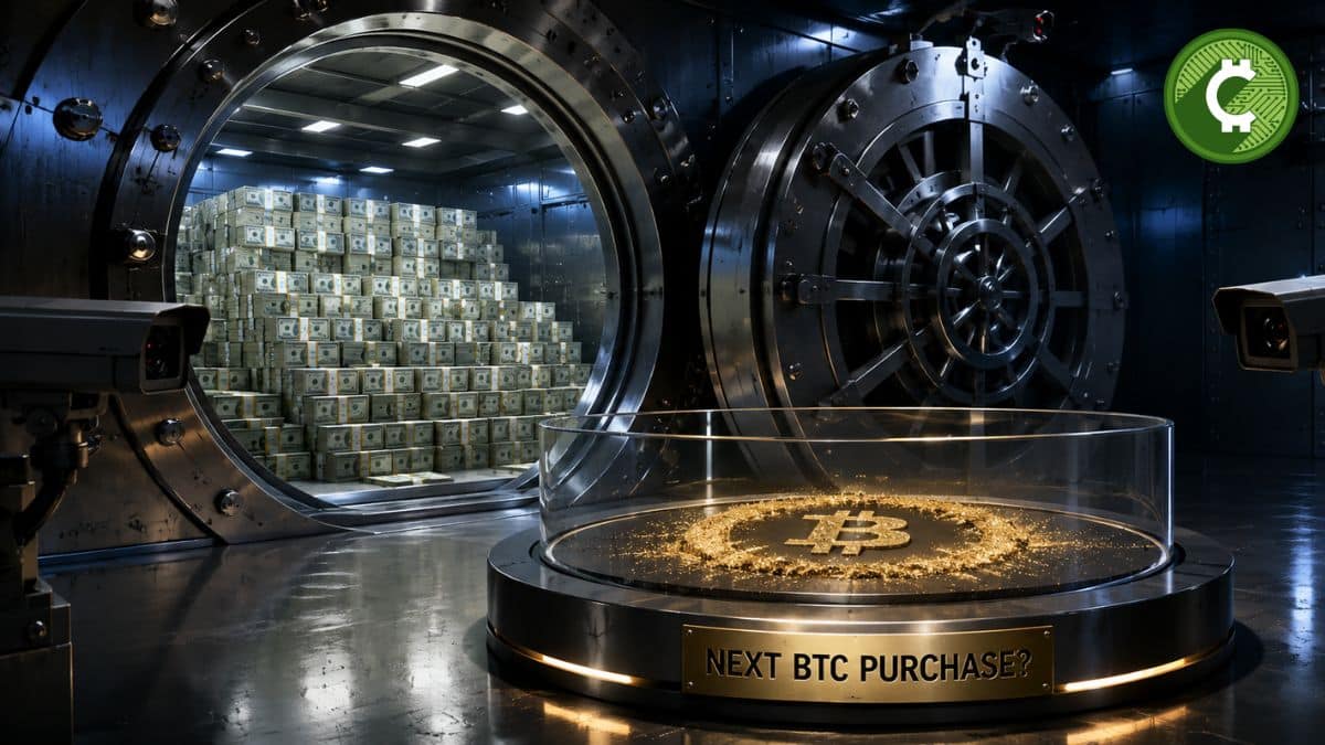 Bóveda llena de dólares con un pedestal vacío que simboliza la pausa de Strategy en sus compras de Bitcoin tras vender acciones MSTR y aumentar su reserva de efectivo.