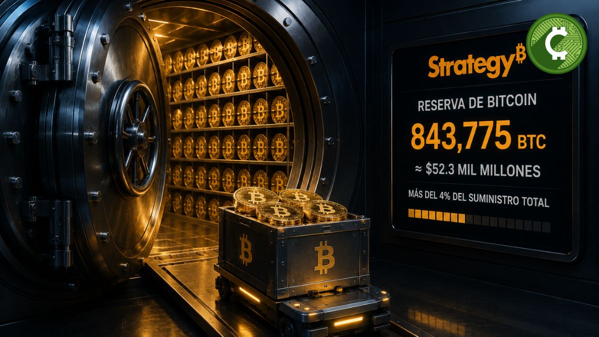 Ilustración de una bóveda con reservas de Bitcoin que representa la venta de 3.588 BTC realizada por Strategy, mientras la empresa conserva 843.775 Bitcoin en su tesorería.