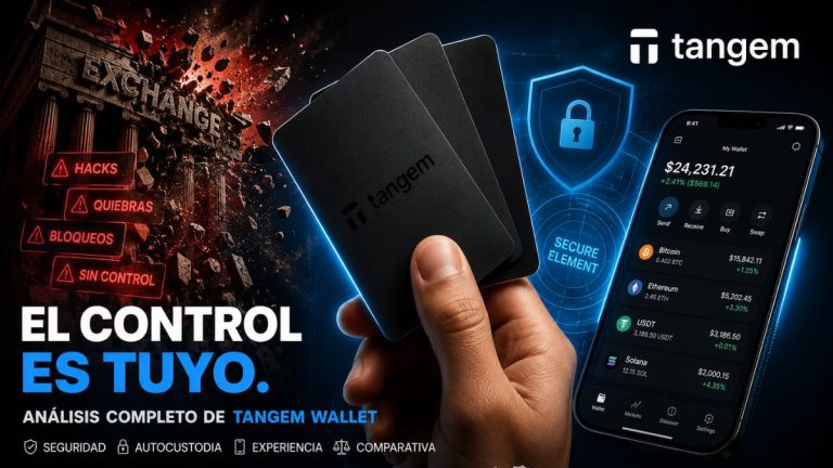 Tangem Wallet Review 2026 mostrando una wallet fría de autocustodia con tecnología NFC y Secure Element para proteger Bitcoin, USDT y criptomonedas.