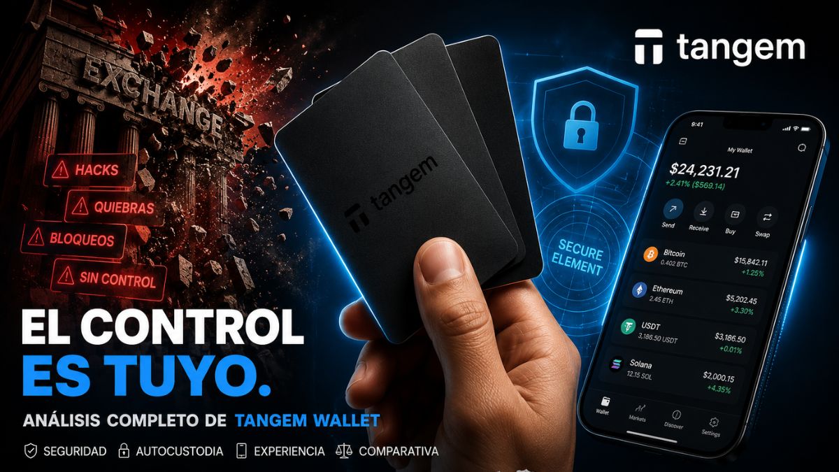 Tangem Wallet Review 2026 mostrando una wallet fría de autocustodia con tecnología NFC y Secure Element para proteger Bitcoin, USDT y criptomonedas.