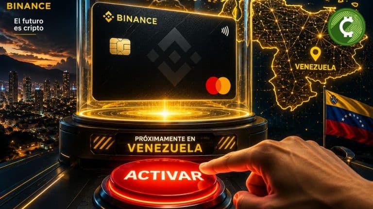 Tarjeta Mastercard de Binance lista para su lanzamiento en Venezuela con un botón de activación en un escenario futurista.