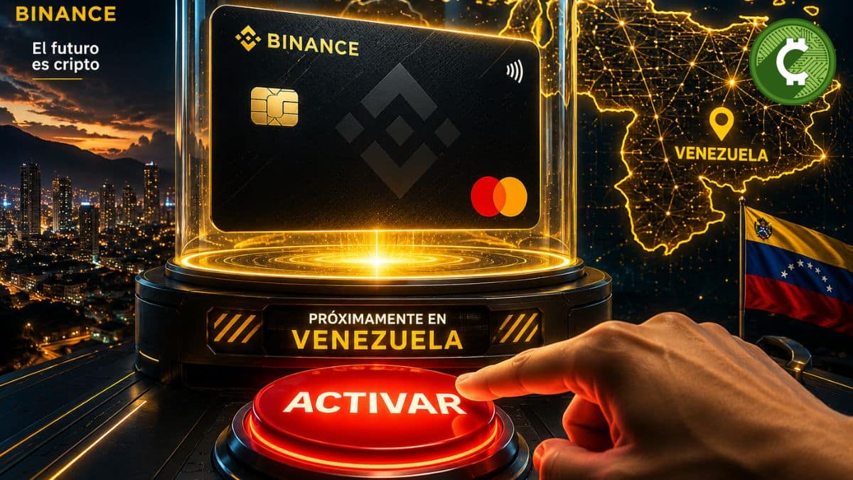 Tarjeta Mastercard de Binance lista para su lanzamiento en Venezuela con un botón de activación en un escenario futurista.