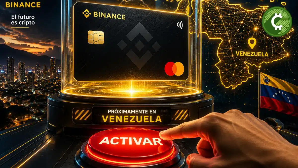 Tarjeta Mastercard de Binance lista para su lanzamiento en Venezuela con un botón de activación en un escenario futurista.
