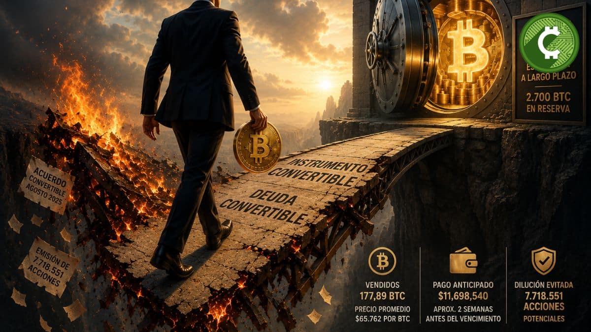 Ilustración de un ejecutivo cruzando un puente que se derrumba hacia una bóveda de Bitcoin, representando la decisión de The Smarter Web de vender BTC para cancelar una deuda convertible y cambiar su estrategia de financiación.