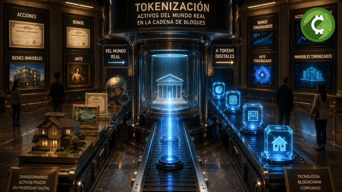 Ilustración de un museo futurista donde acciones, bonos, inmuebles y obras de arte se transforman en activos digitales tokenizados mediante tecnología blockchain, representando el proceso de tokenización impulsado por el CLARITY Act.